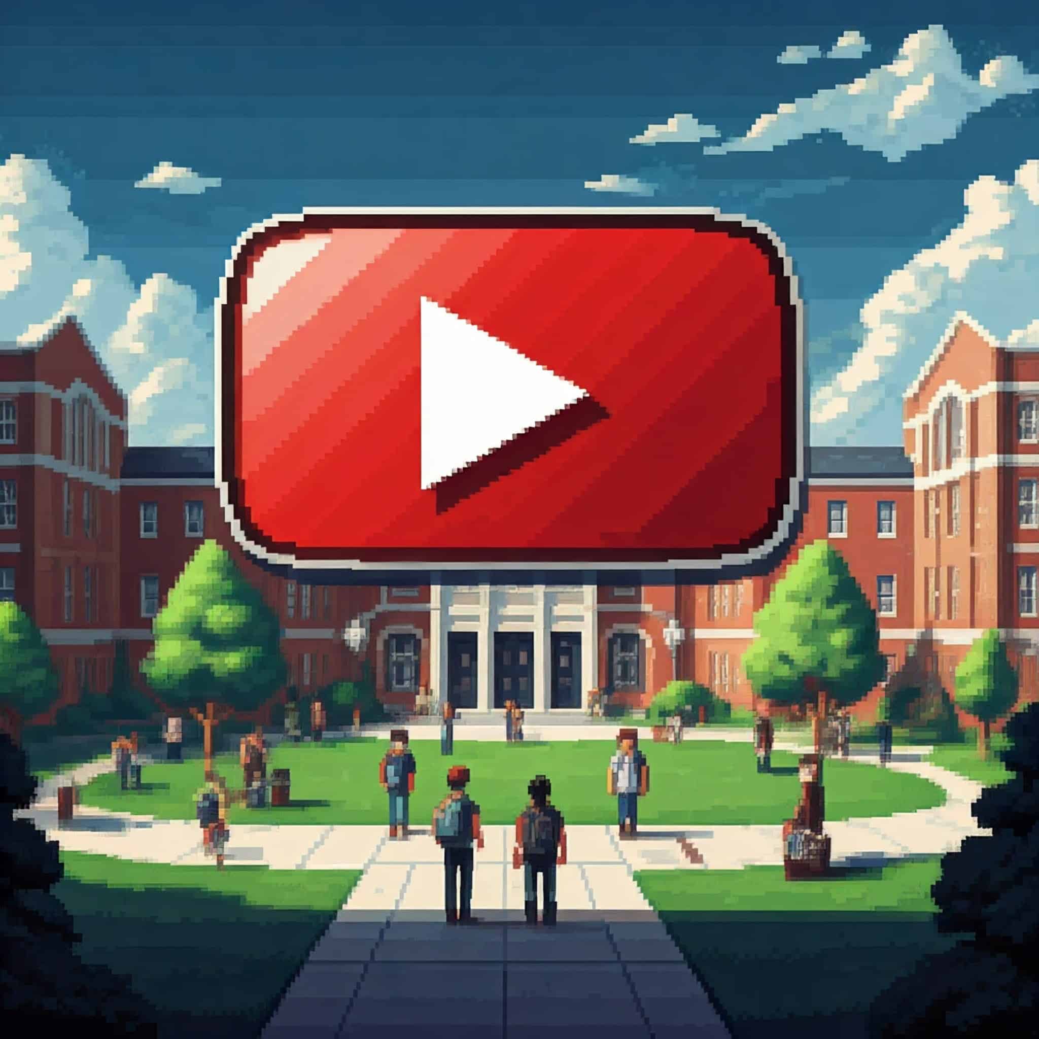 The YouTube logo overlaid a college campus with college students walking about