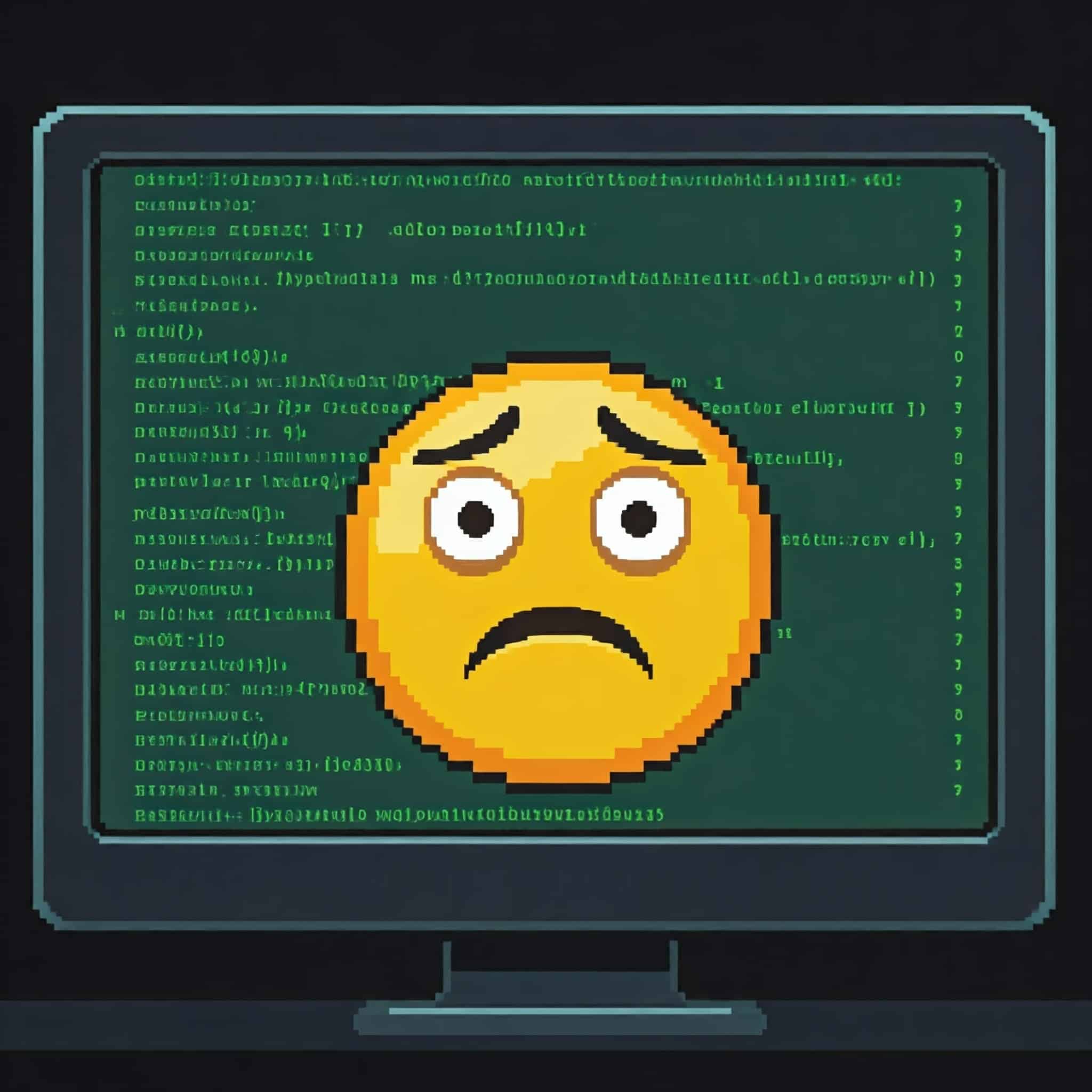 A frustrated emoji on a computer monitor displaying computer code