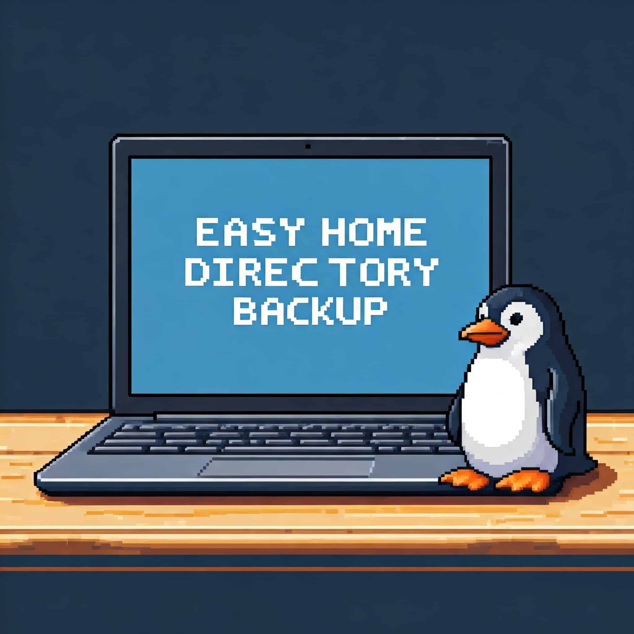 A laptop sitting on a desk displaying the phrase "Easy Home Directory Backup" with a penguin sitting on the right side of the laptop.