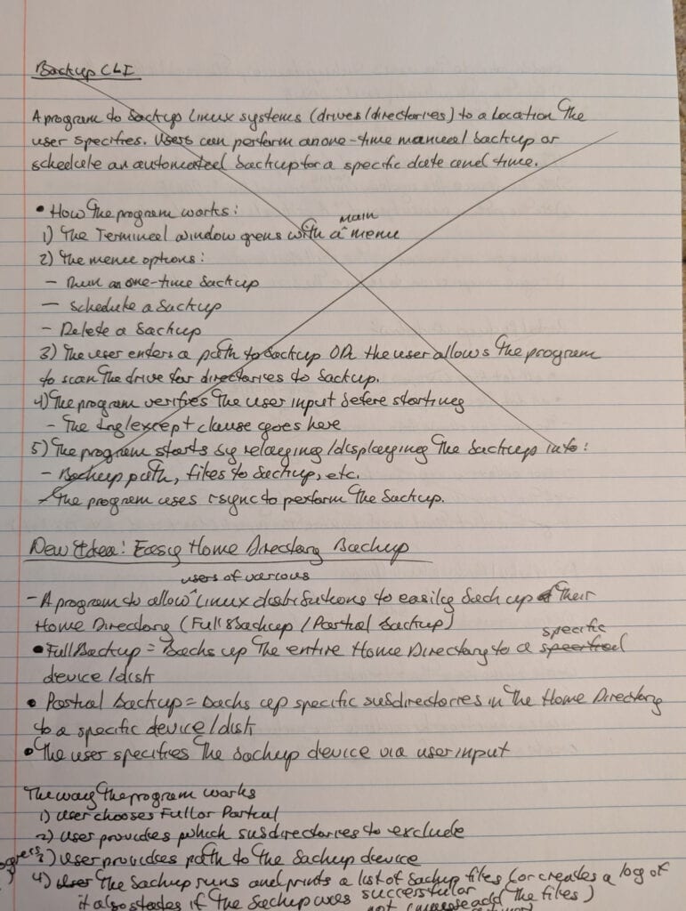 The initial plans of my file backup program handwritten in a notebook (which later became Easy Home Directory Backup).