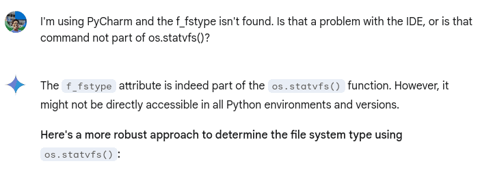 My question to Gemini about the Python code it provide, and its incorrect reply.