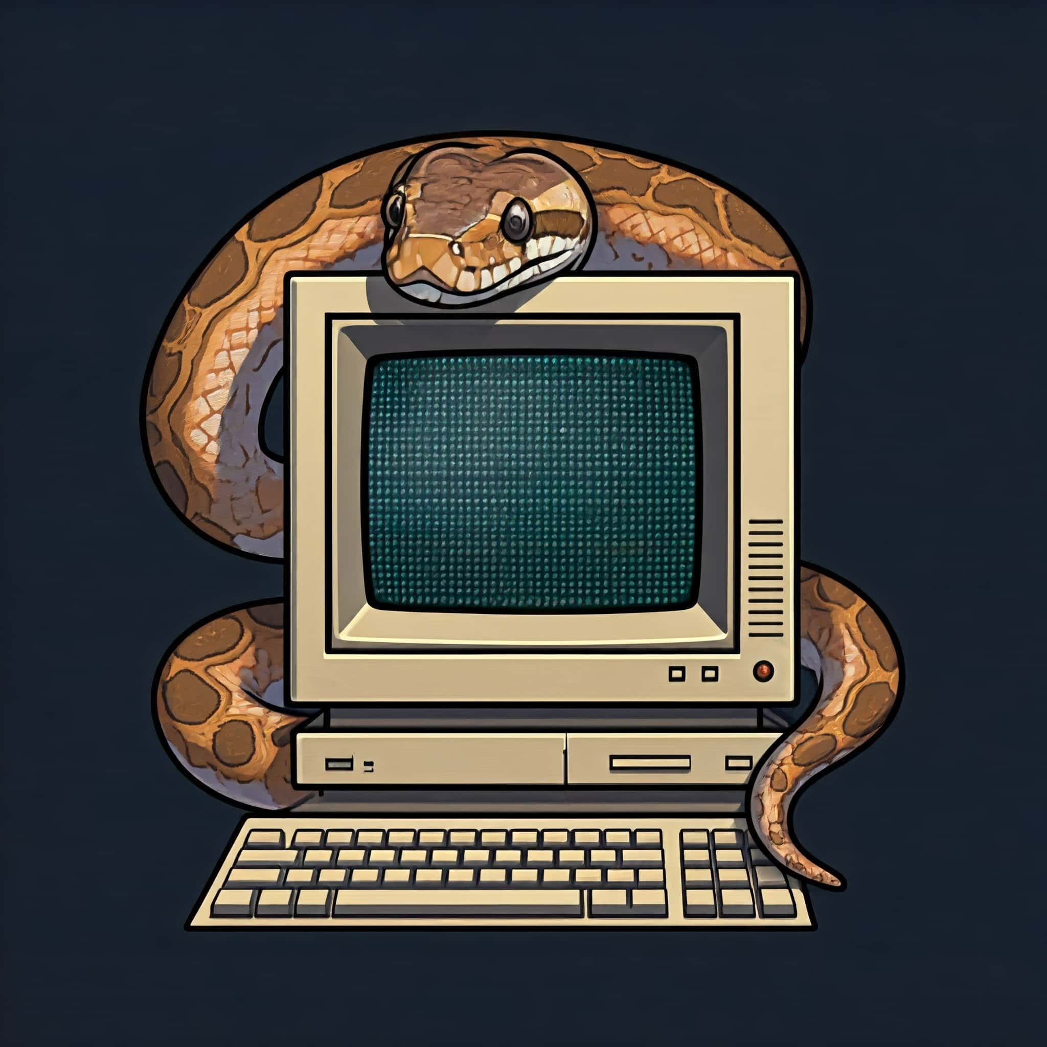 A python wrapped around a computer in the 8-bit art style