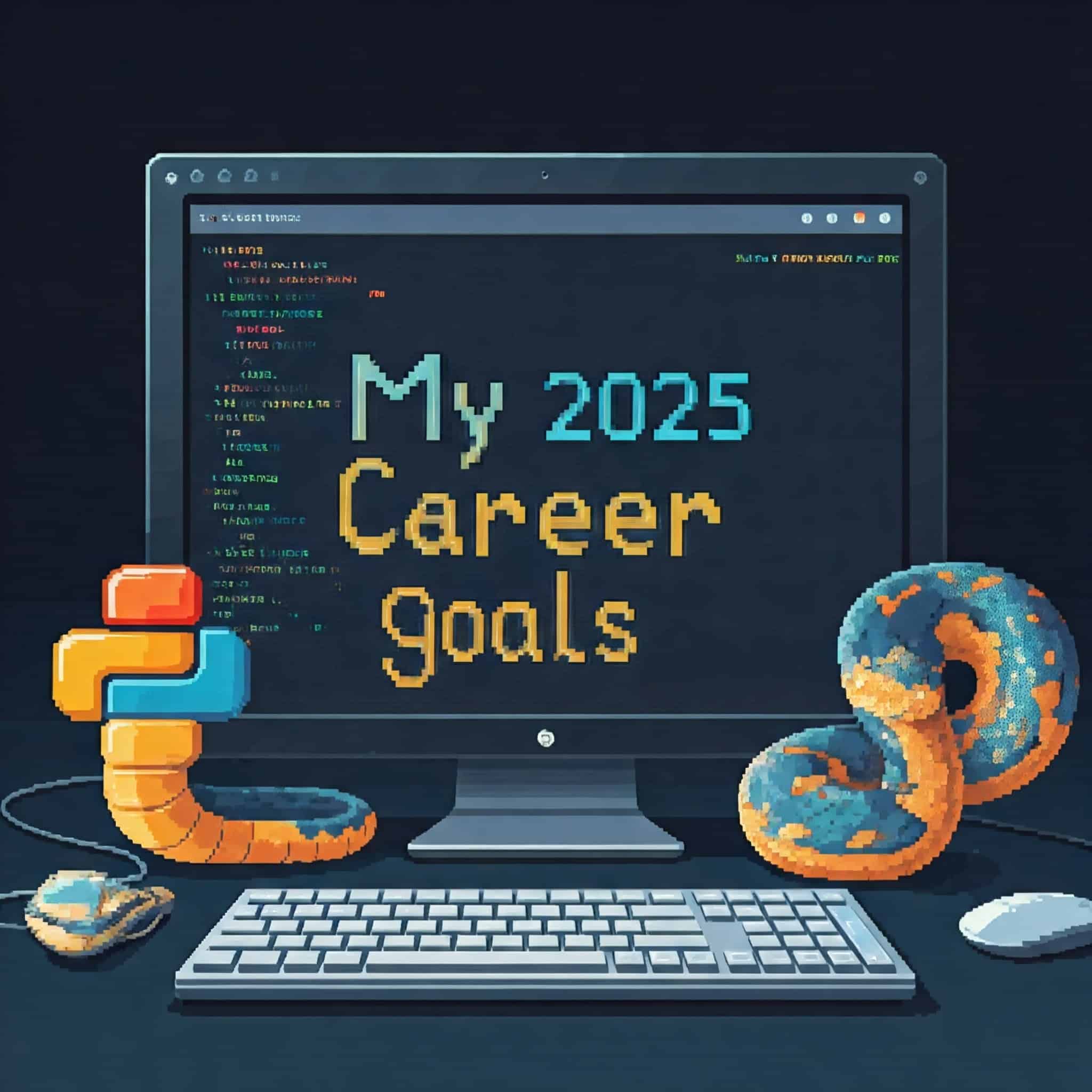 A python snake curling around a computer monitor and keyboard. The monitor shows the phrase: My 2025 career goals.