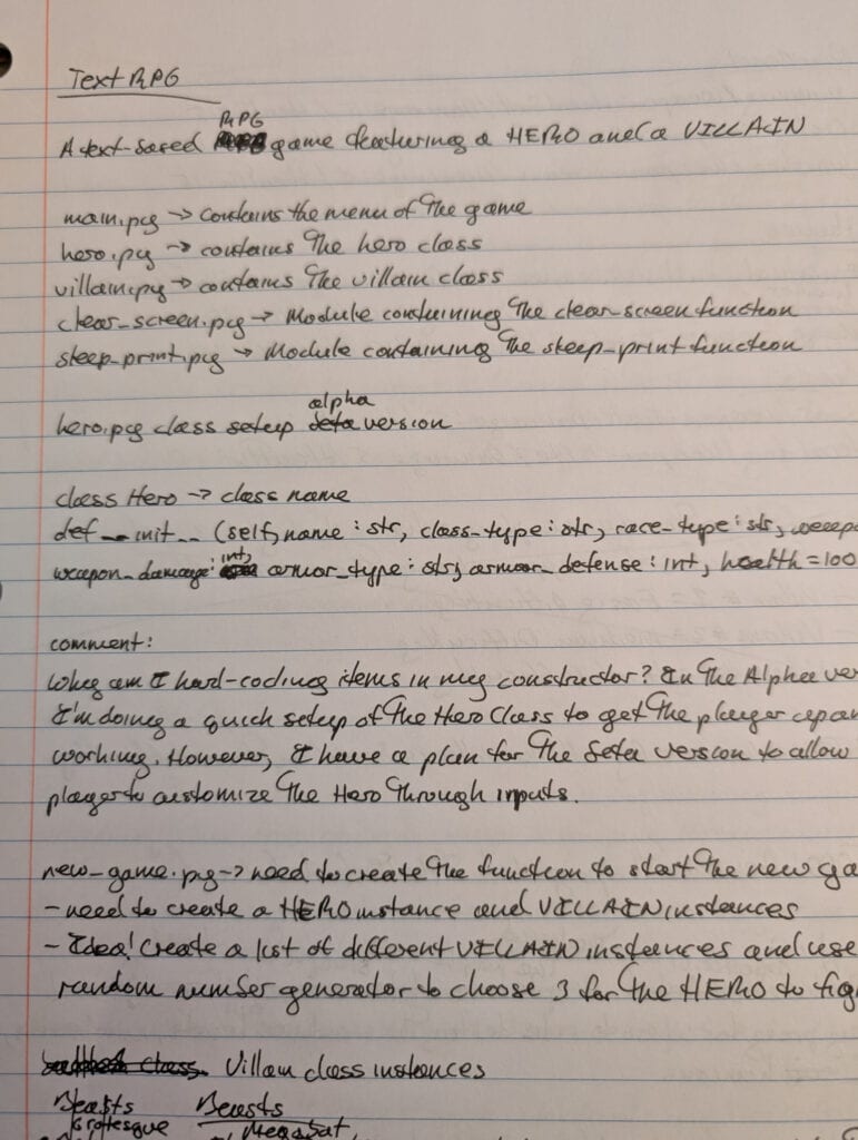 The initial plans of my file backup program handwritten in a notebook (which later became The Infected Land).