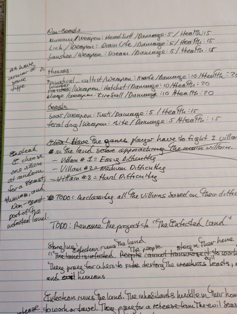 The initial plans of my file backup program handwritten in a notebook (which later became The Infected Land).