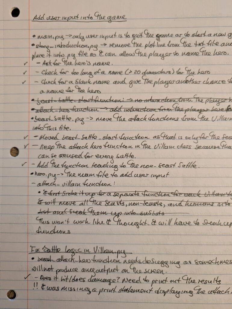 The initial plans of my file backup program handwritten in a notebook (which later became The Infected Land).