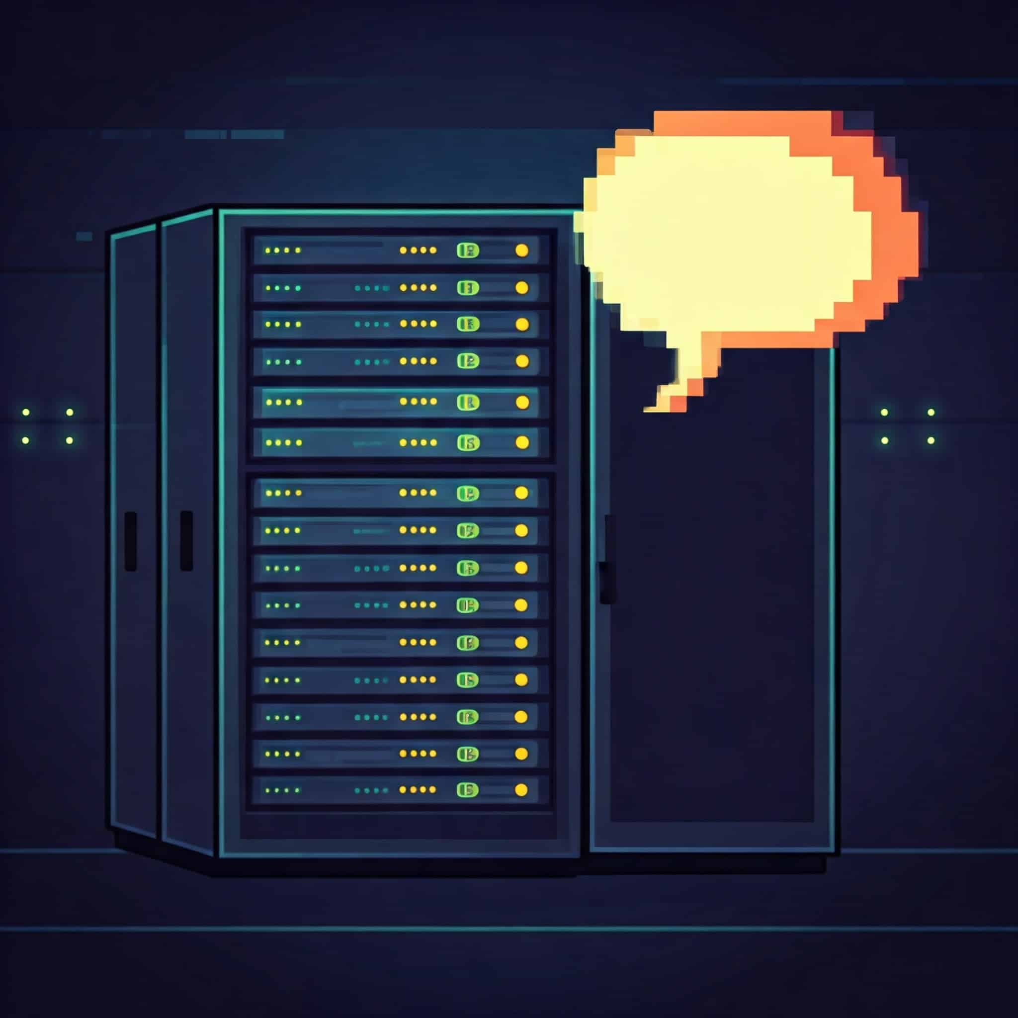 A rack of servers in a data center with an empty thought bubble to the side of the rack of servers.