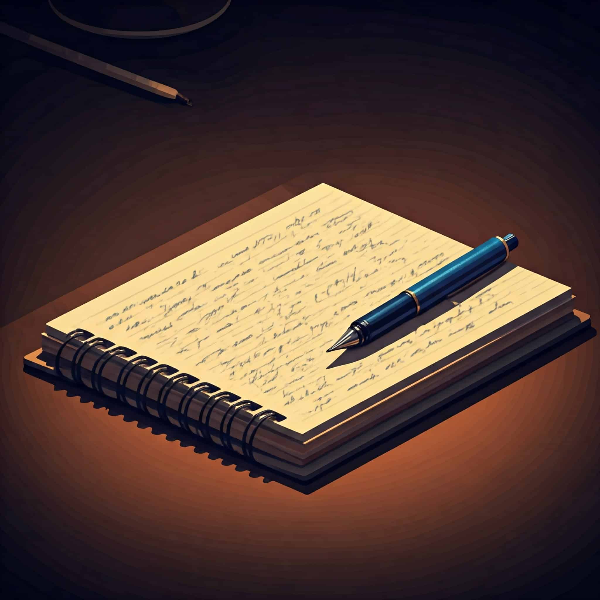 A spiral-bound notebook laying on a desk with a pen next to the notebook. On the pages of the notebook has a person's handwriting.