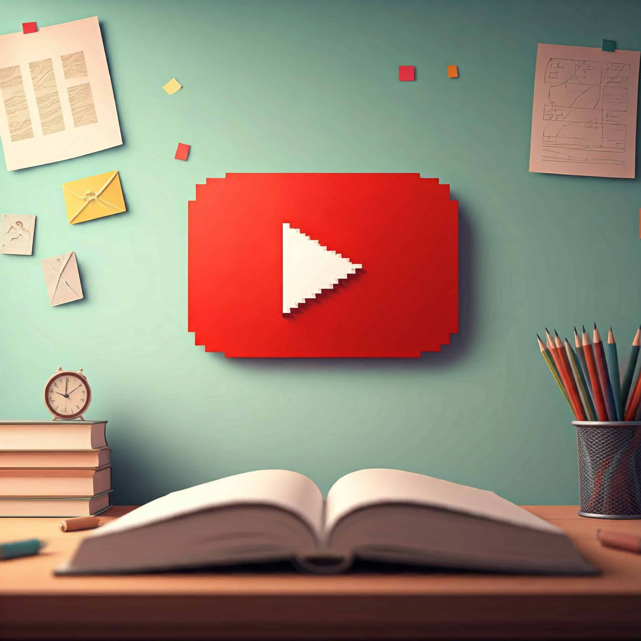 The YouTube logo hovering above an open book sitting on a desk in a room