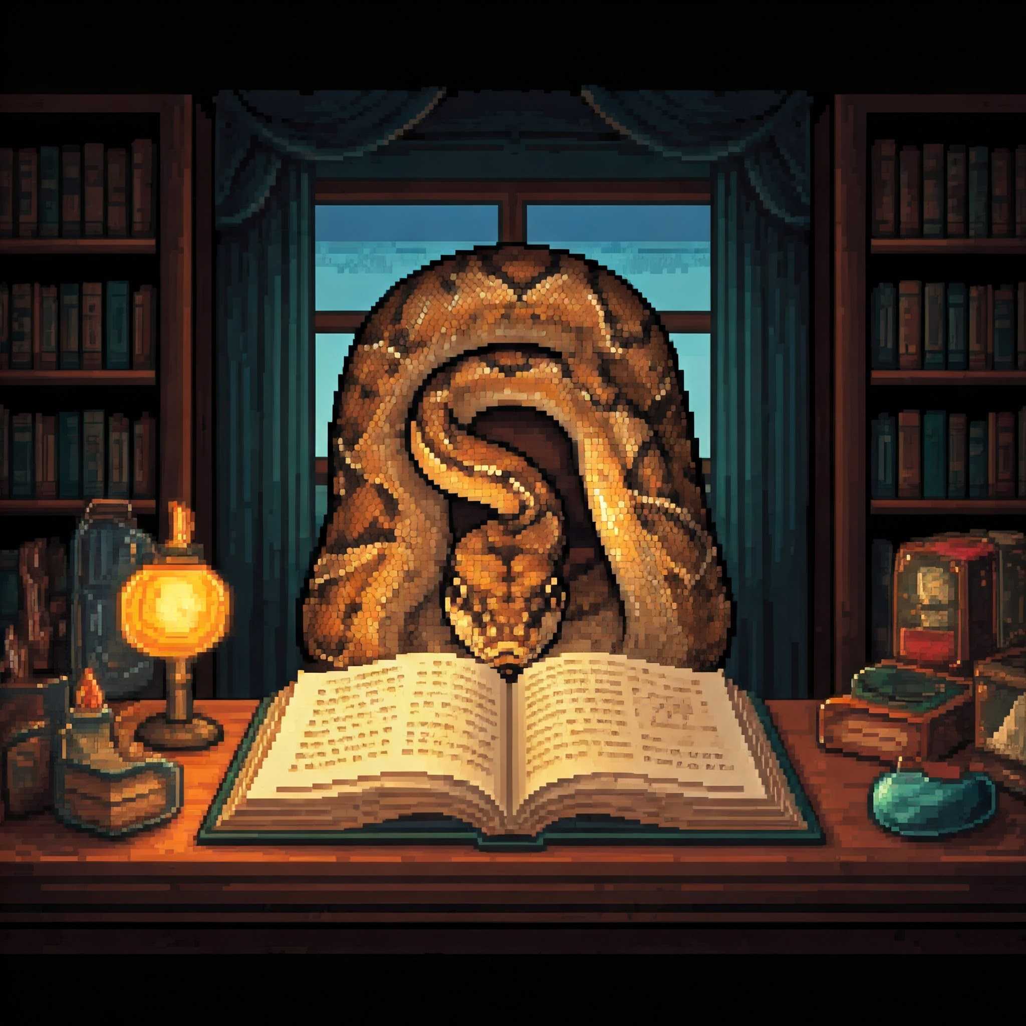 A python snake sitting at a desk reading a book that's on top of the desk.