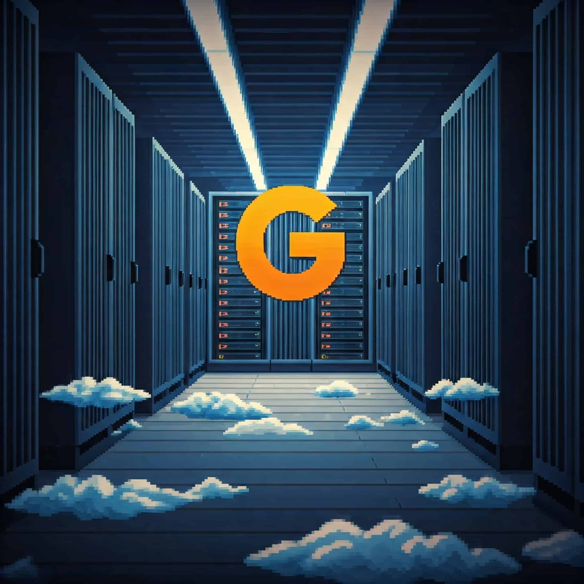 A capital G inside a room full of racks of servers with some clouds placed randomly.