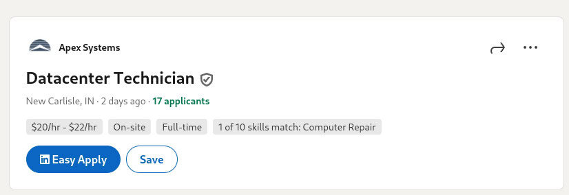 An image of a Data Center Technician job from LinkedIn.