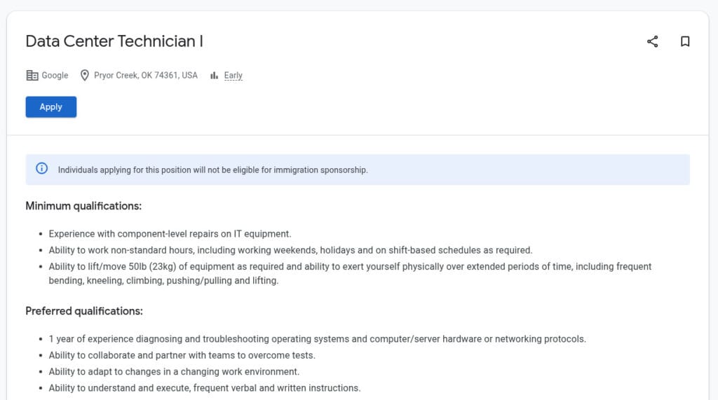 An image of a Data Center Technician job from Google.