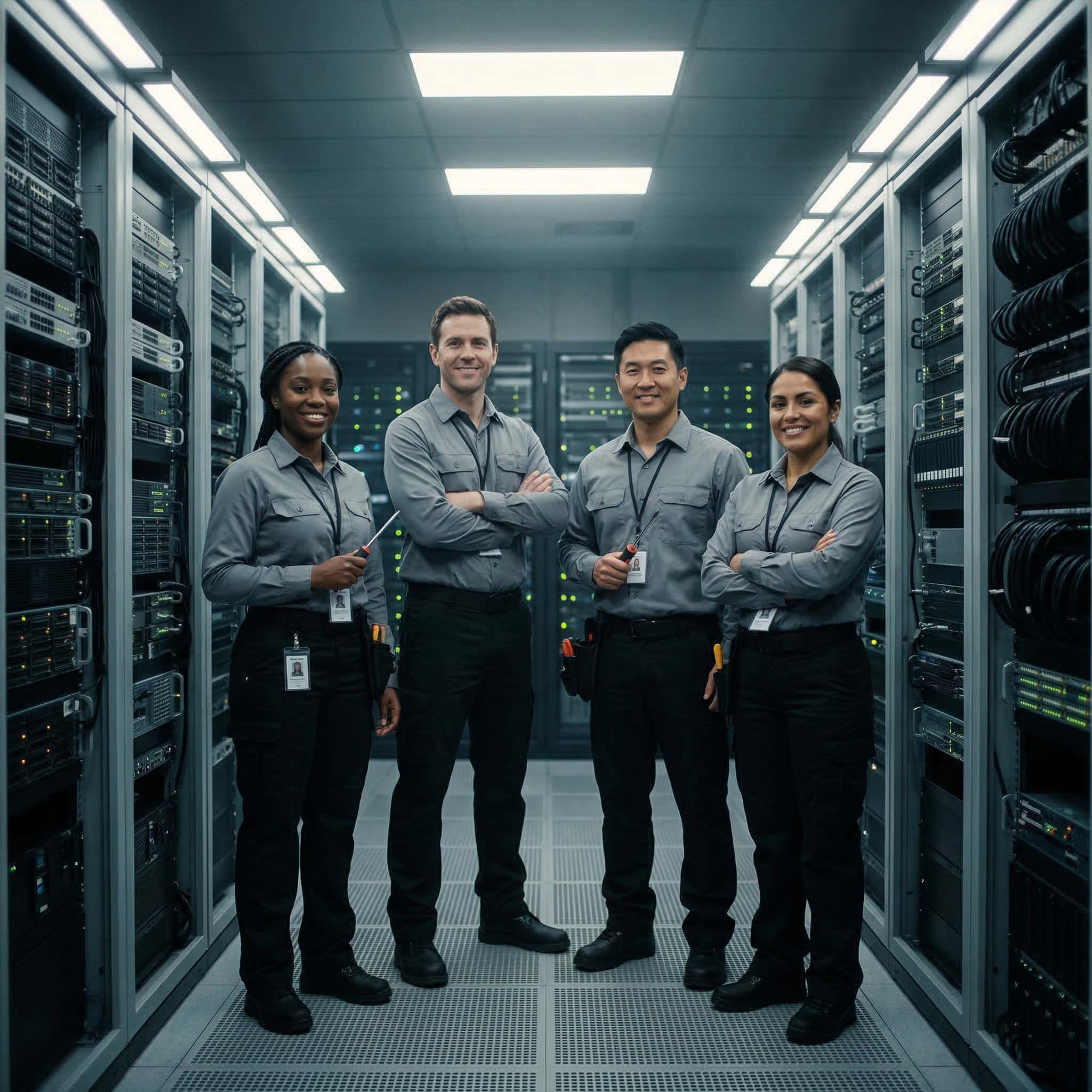 A group of men and women of different races dressed up as data center technicians standing on a data center floor filled with racks containing servers and networking hardware.