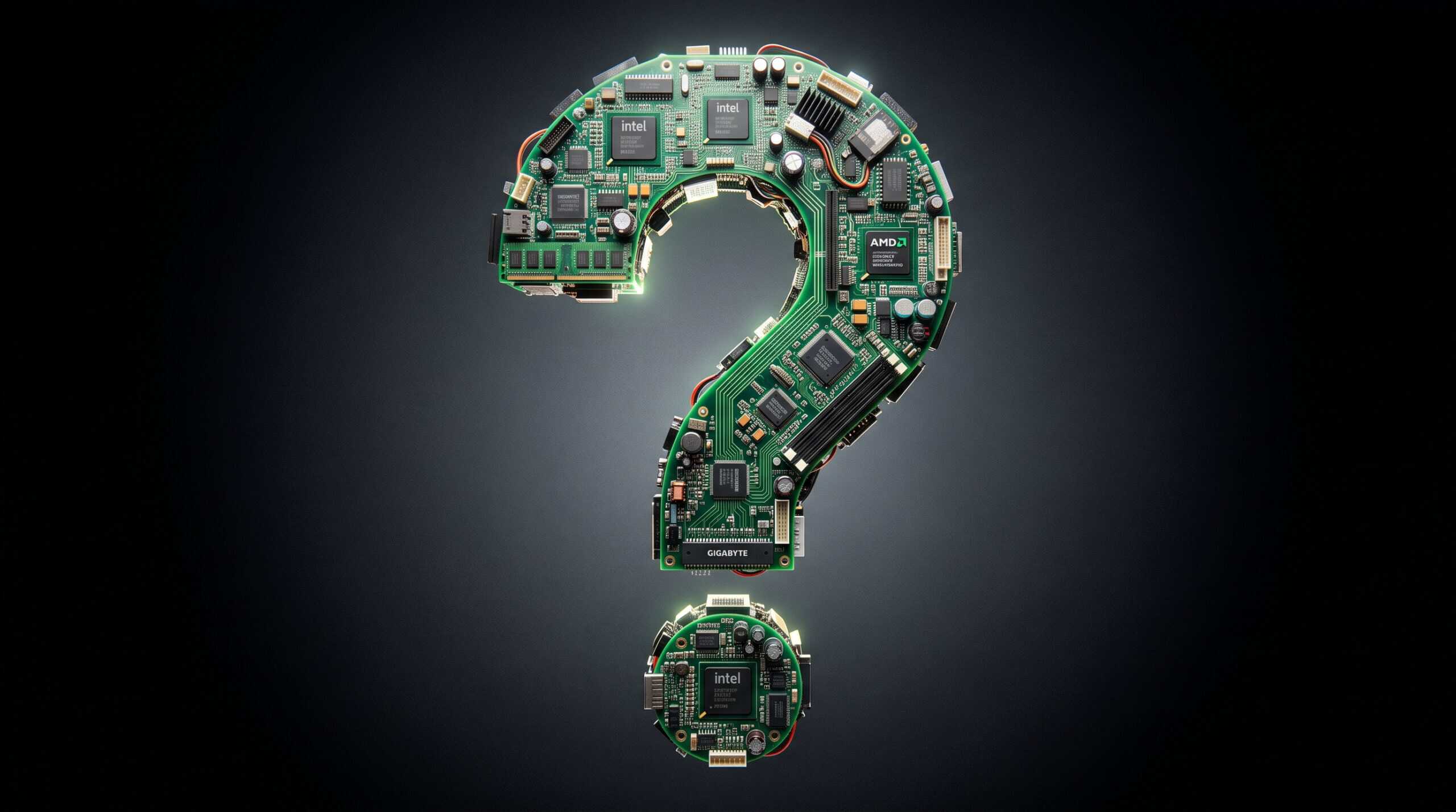 A large question mark on a black background with a gradient to gray. The question mark is made out of computer parts and green PCB.